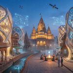 This image beautifully illustrates the "Futuristic Heritage" concept we’ve established for SilverScoopBlog. It takes a recognizable Vrindavan streetscape and reimagines it through the lens of AI-driven generative design.